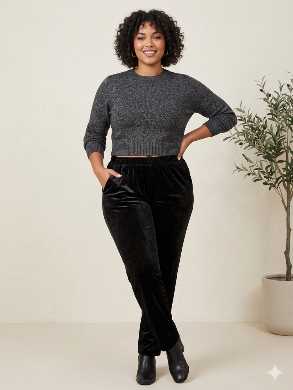 Lands' End Pull On Black Velvet Straight Leg Pants With Pockets Womens Size 2X